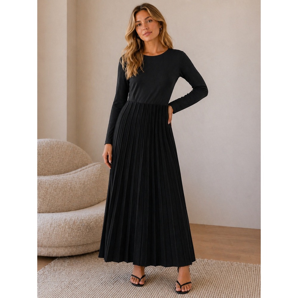 Soft Surroundings Maxi Dress Womens XLarge Black Pleated Long Sleeve Mixed Media